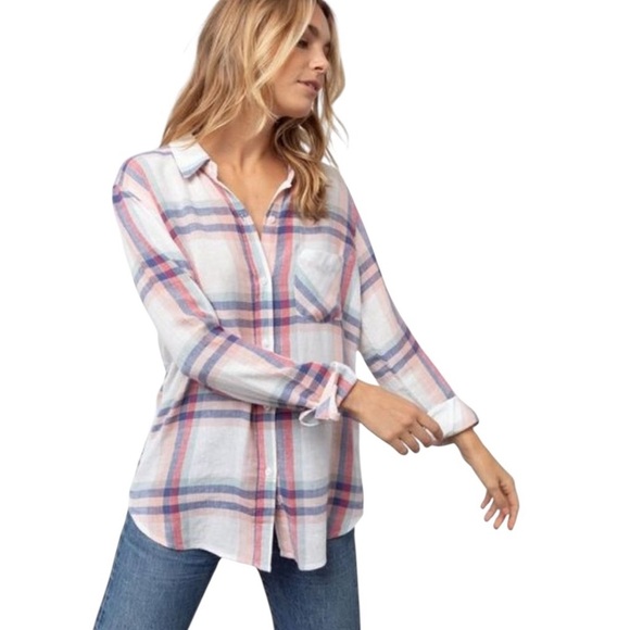 Rails Linen Blend Natalie White Melon Plaid Button Up Shirt Size S - Picture 3 of 14